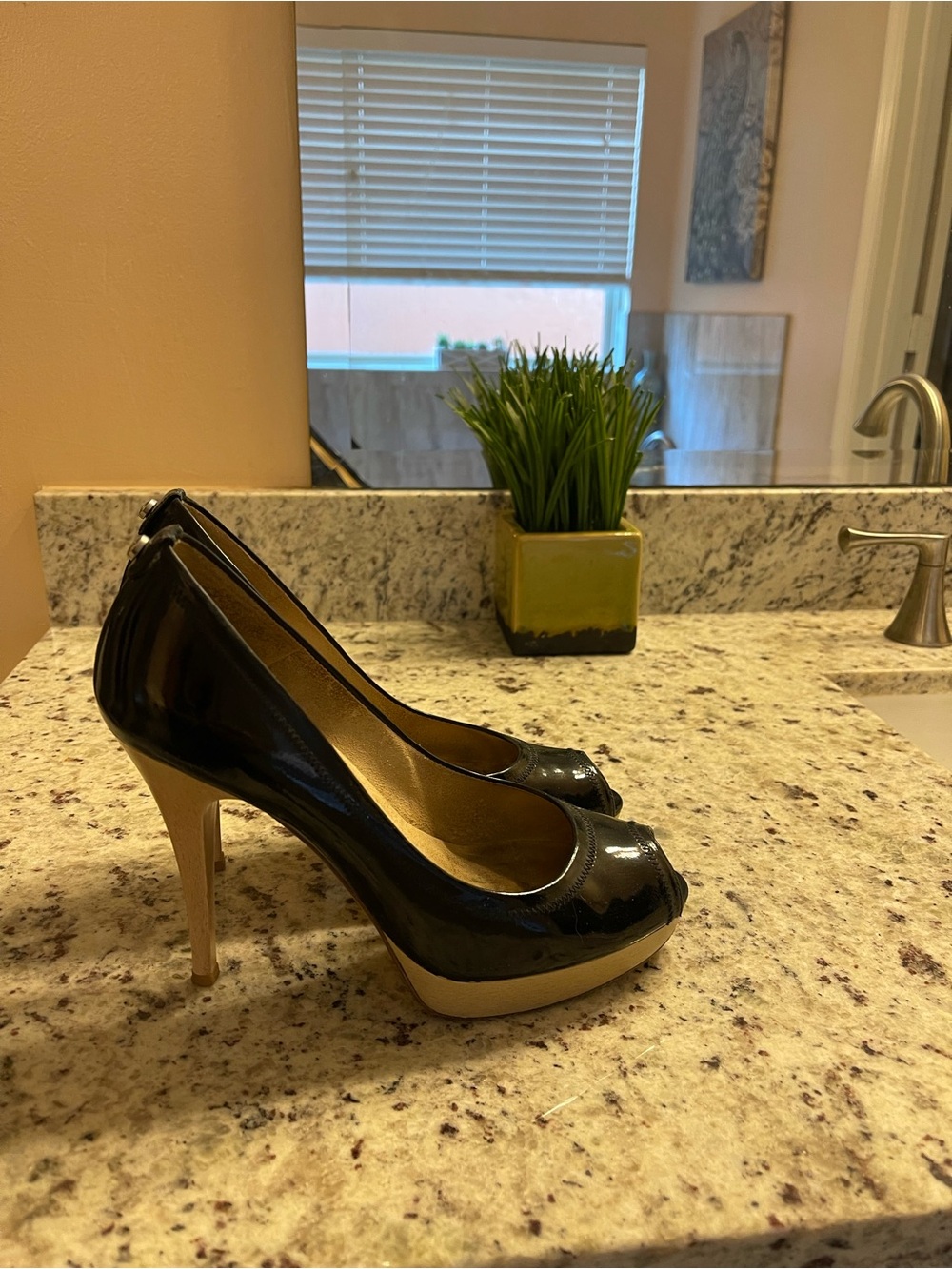 Stuart Weitzman Black Patent Peep-Toe Pumps with Tan Platform